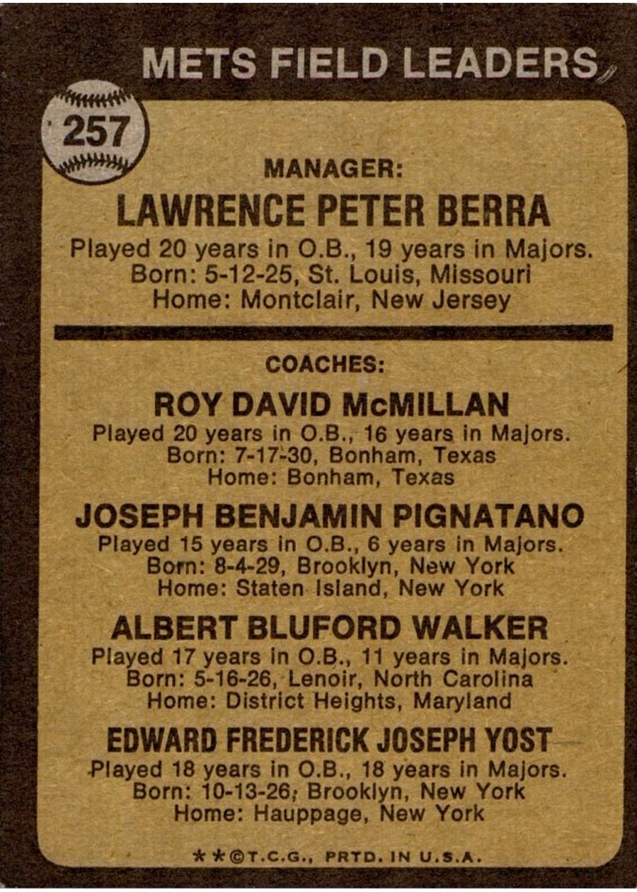 1973 Topps #257 Mets Field Leaders card back