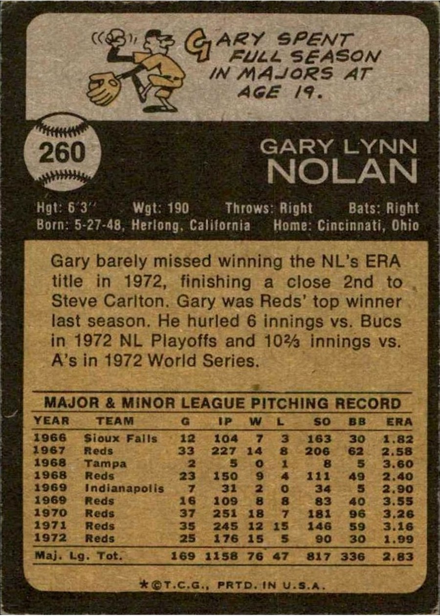 1973 Topps #260 Gary Nolan card back