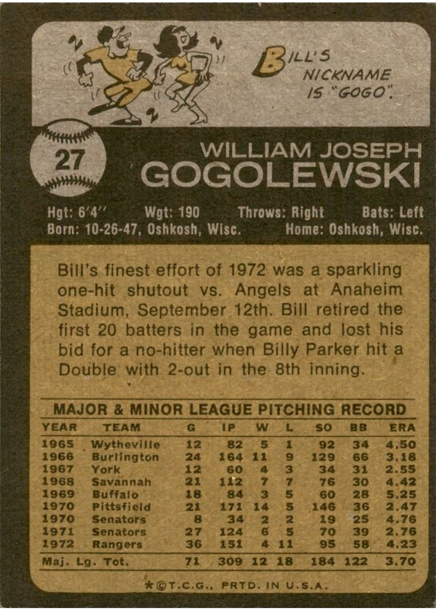 1973 Topps #27 Bill Gogolewski card back