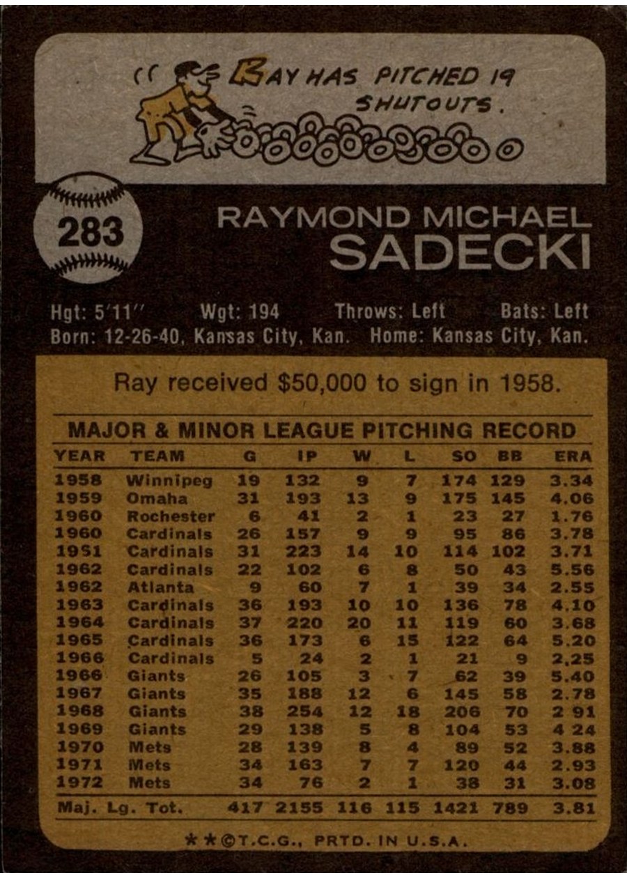 1973 Topps #283 Ray Sadecki card back
