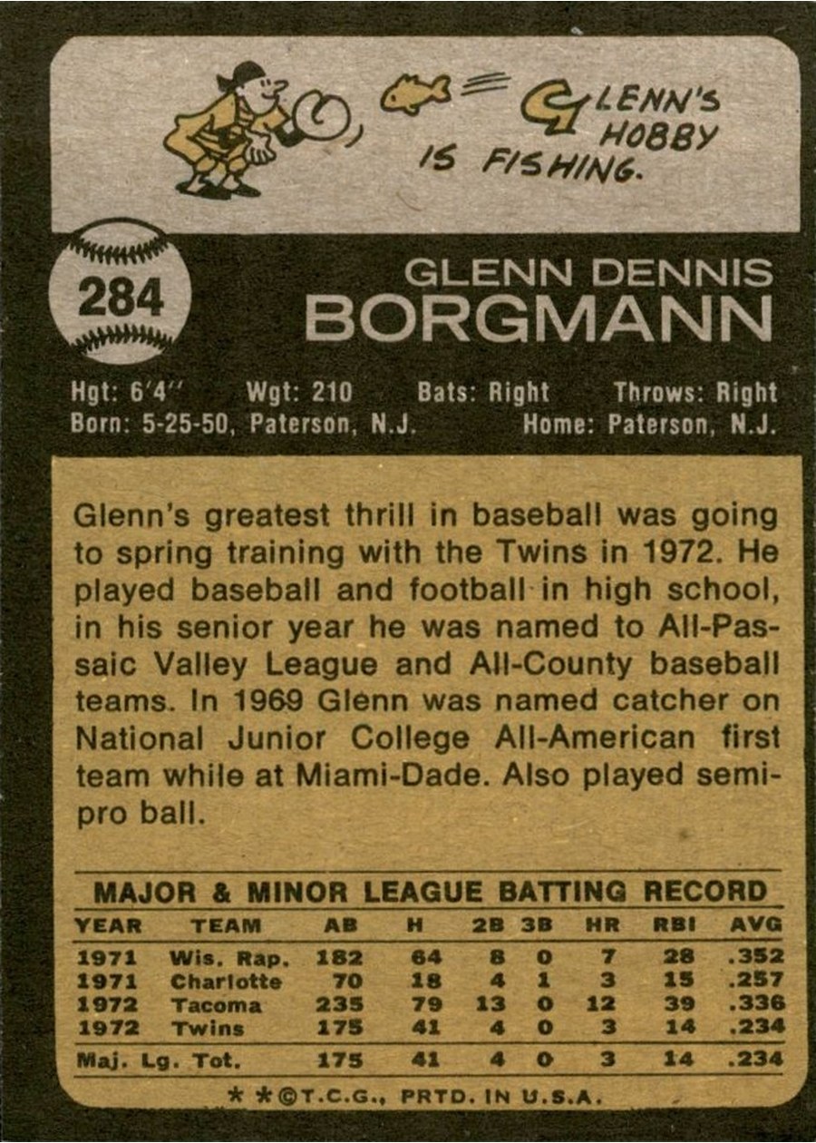 1973 Topps #284 Glenn Borgmann card back