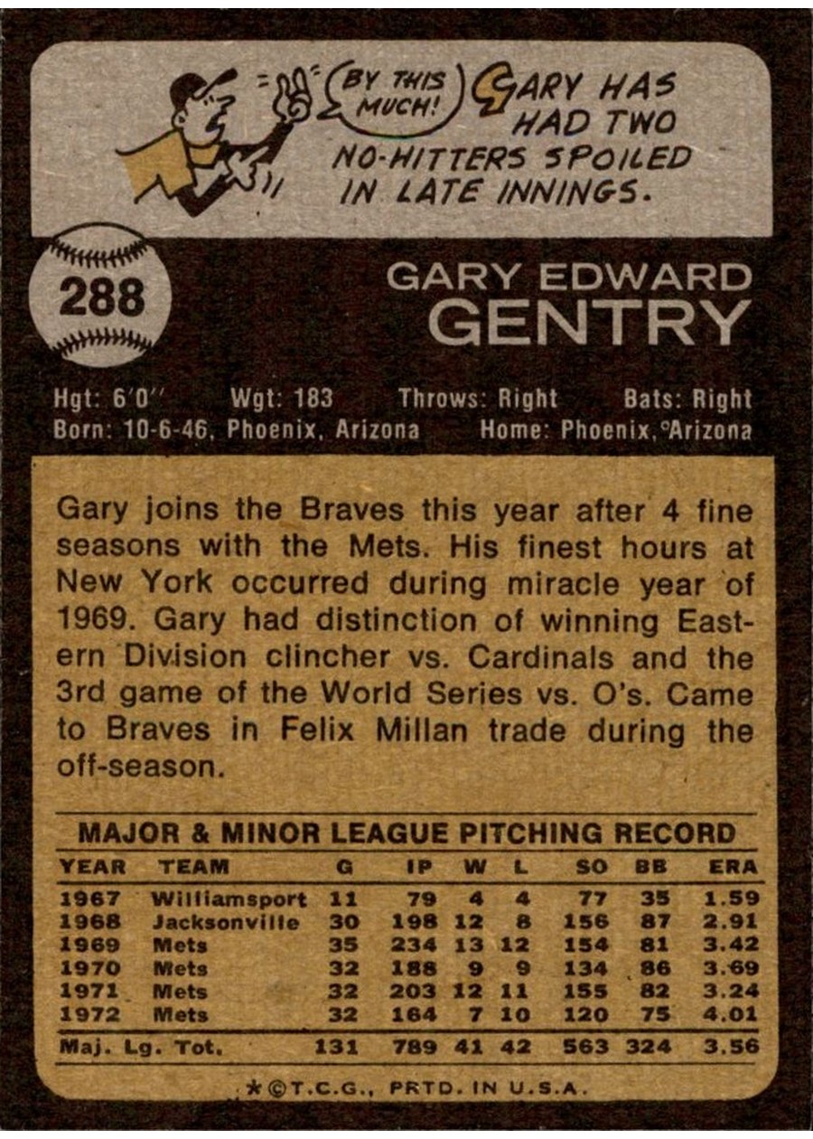 1973 Topps #288 Gary Gentry card back