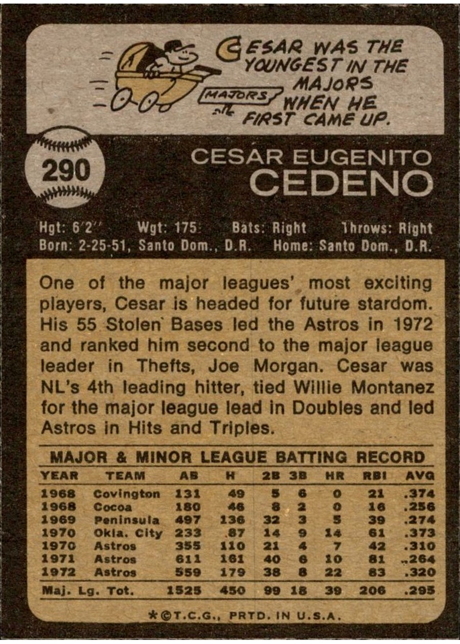 1973 Topps #290 Cesar Cedeno card back