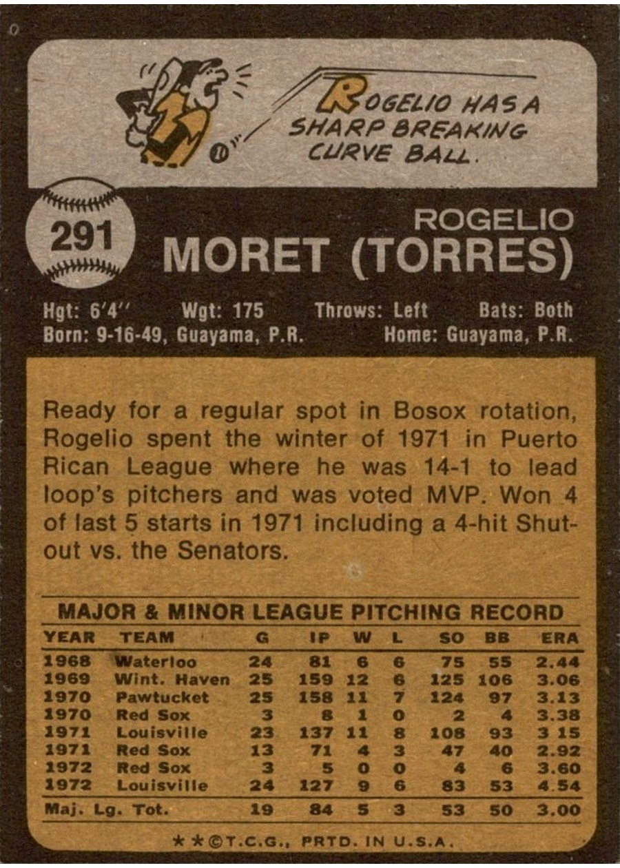 1973 Topps #291 Rogelio Moret card back