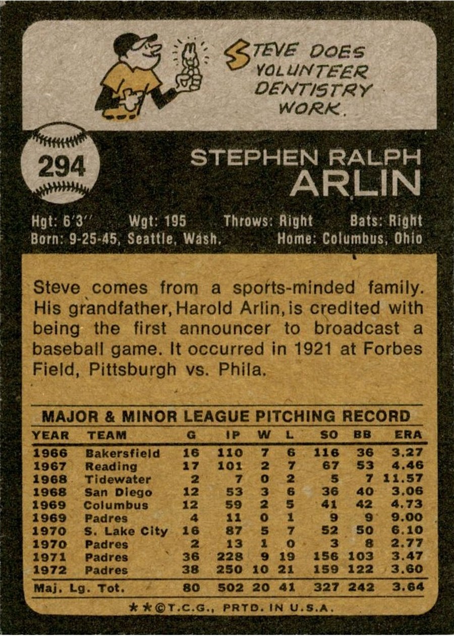 1973 Topps #294 Steve Arlin card back