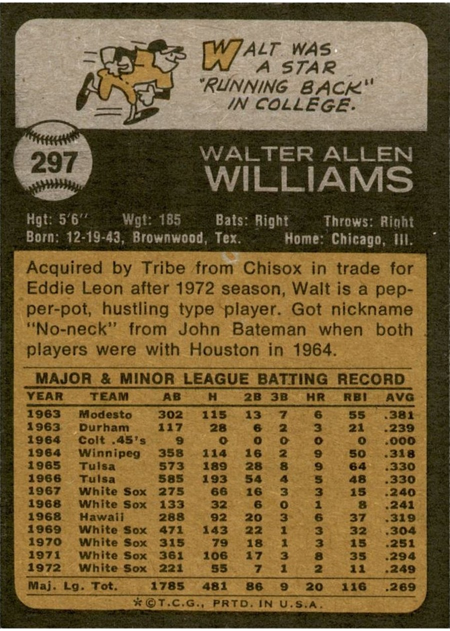 1973 Topps #297 Walt Williams card back