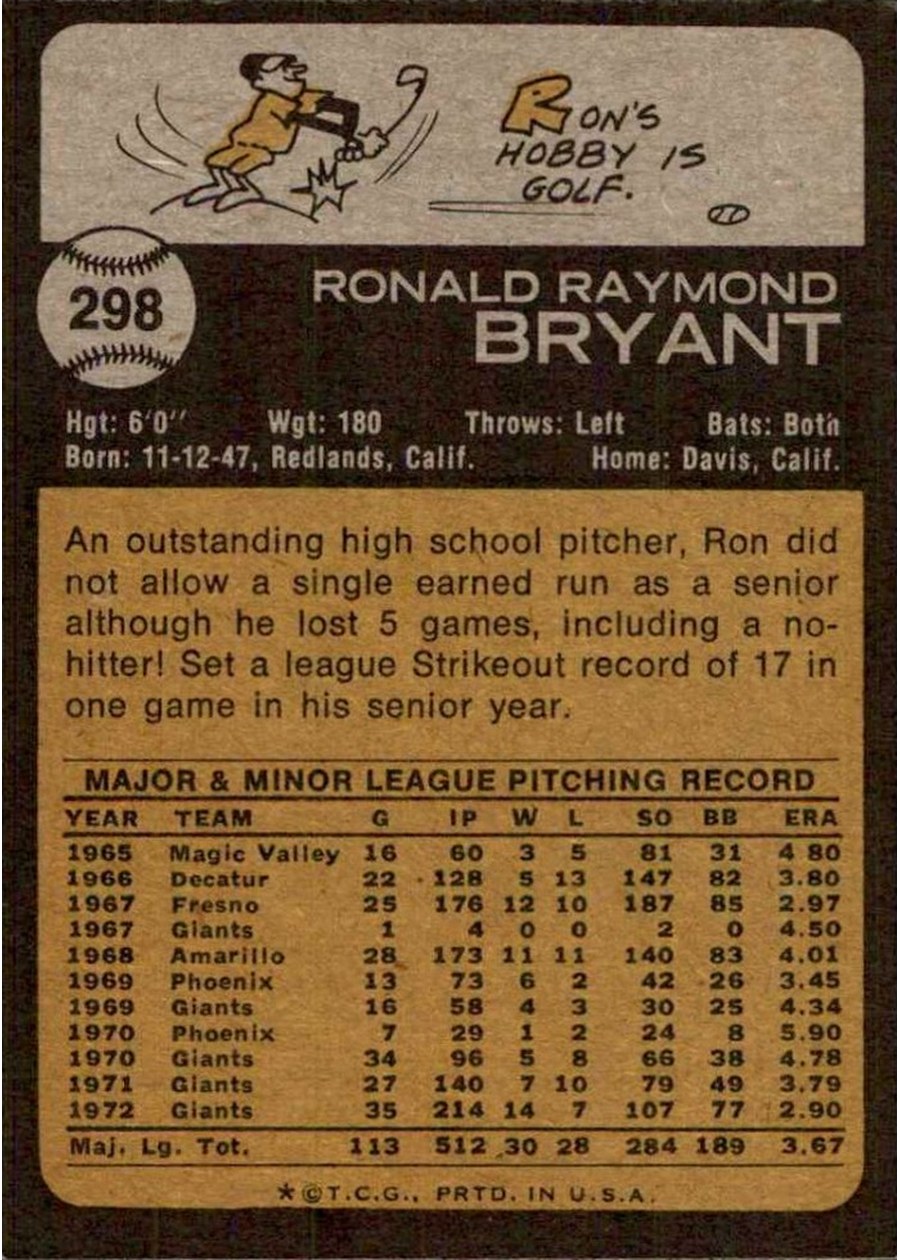 1973 Topps #298 Ron Bryant card back