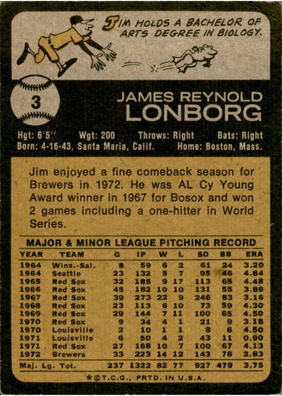 1973 Topps #3 Jim Lonborg card back