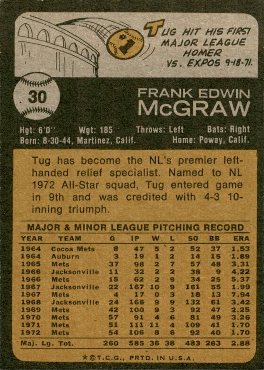 1973 Topps #30 Tug McGraw card back