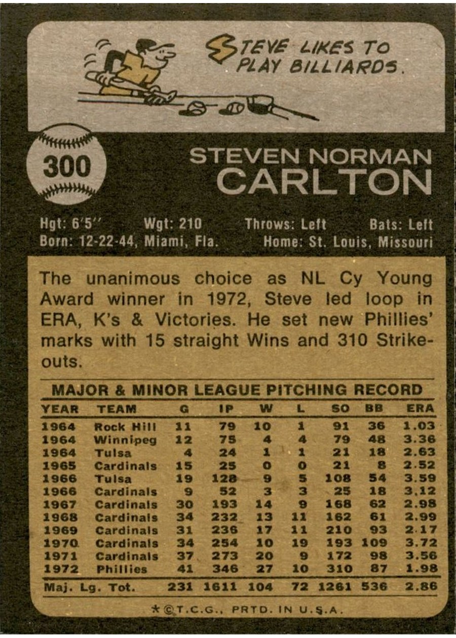 1973 Topps #300 Steve Carlton card back