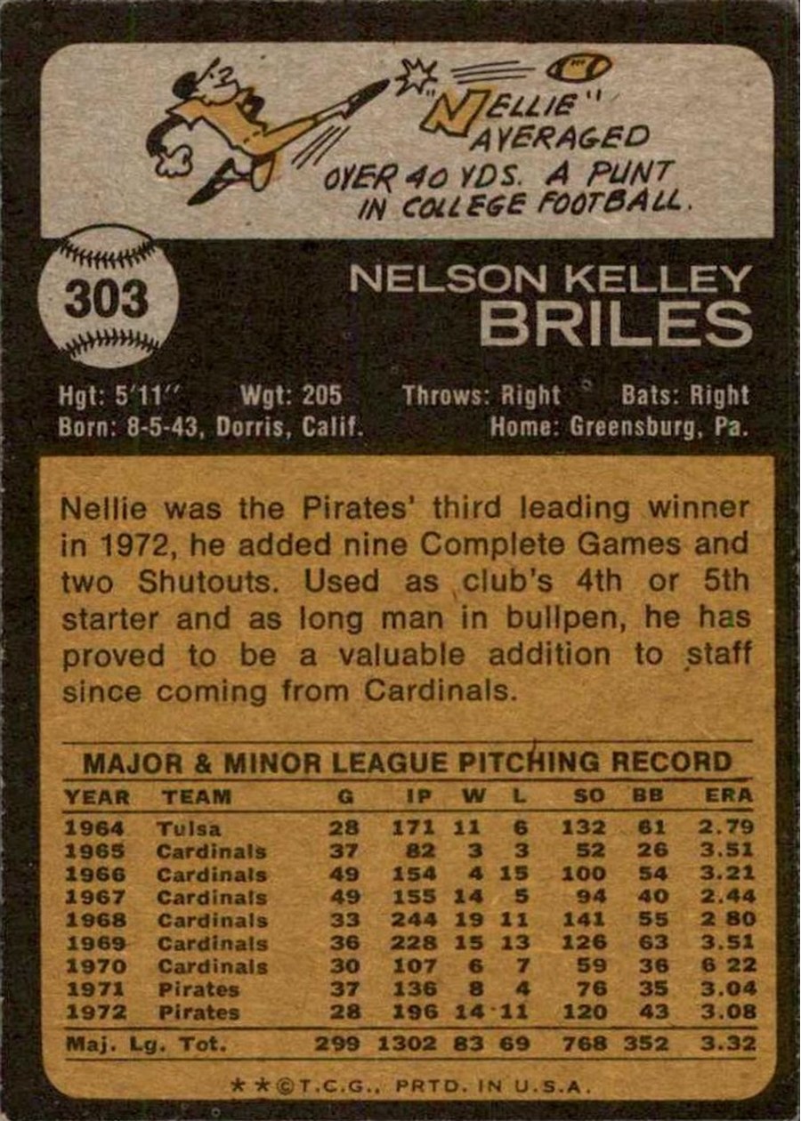 1973 Topps #303 Nelson Briles card back