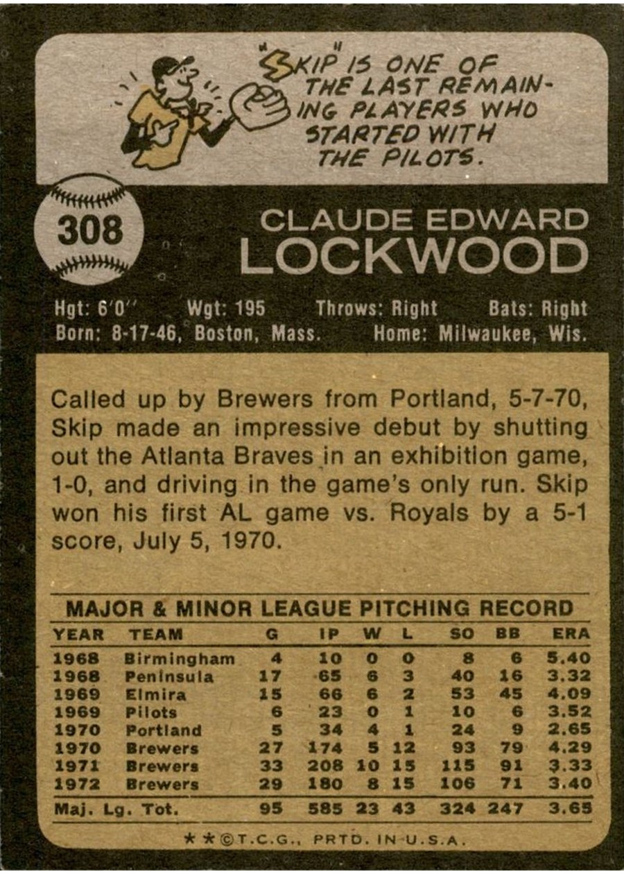 1973 Topps #308 Skip Lockwood card back