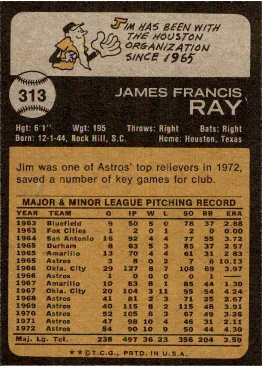 1973 Topps #313 Jim Ray card back
