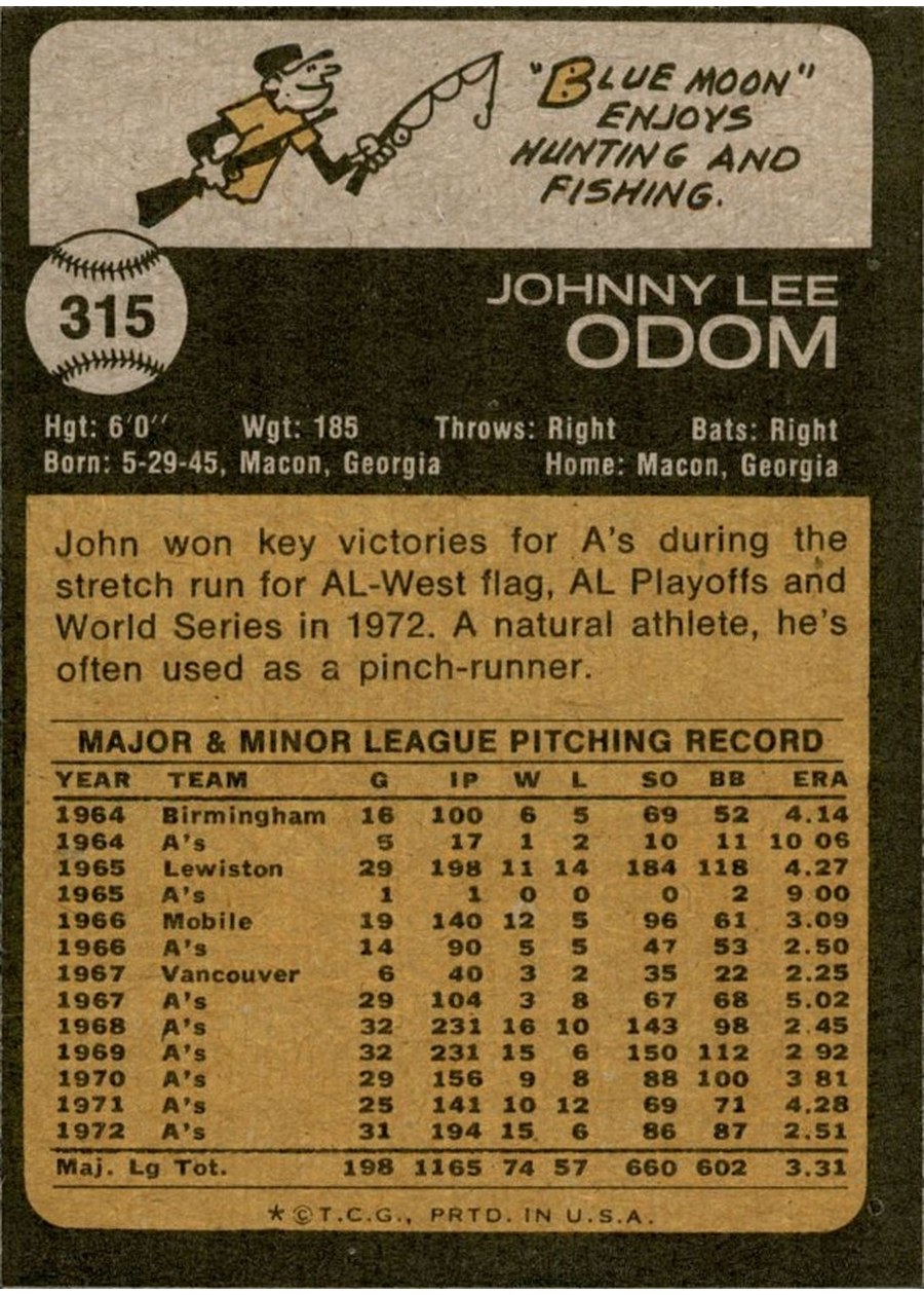 1973 Topps #315 John Odom card back