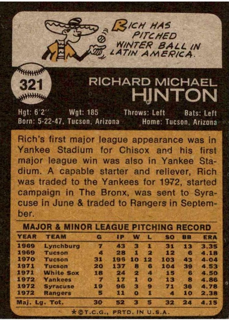 1973 Topps #321 Rich Hinton card back