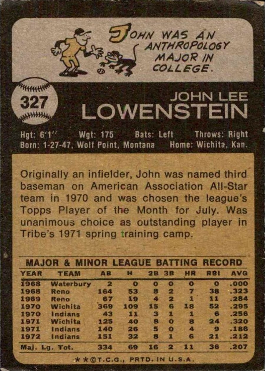 1973 Topps #327 John Lowenstein card back