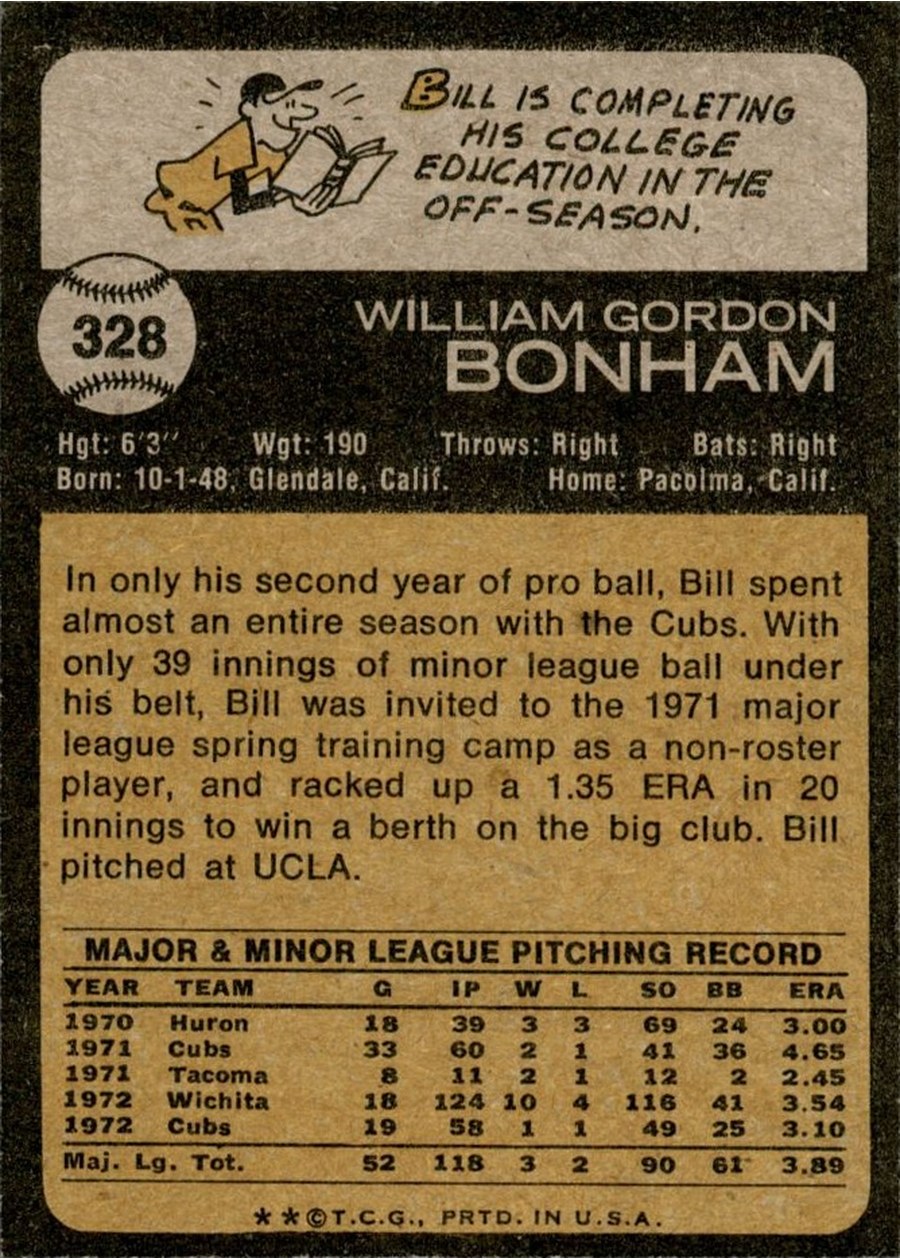 1973 Topps #328 Bill Bonham card back