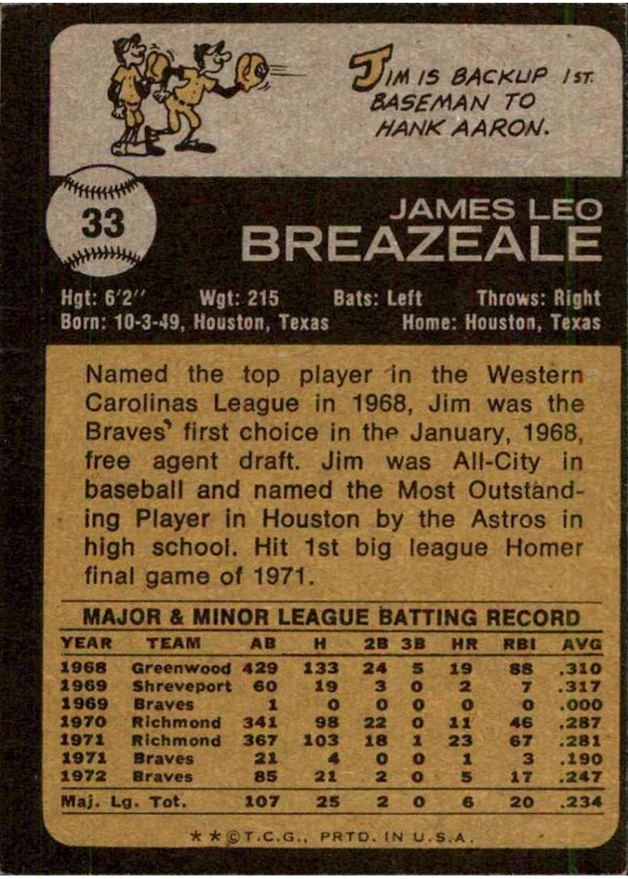 1973 Topps #33 Jim Breazeale card back