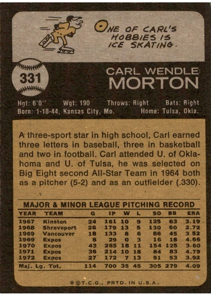 1973 Topps #331 Carl Morton card back