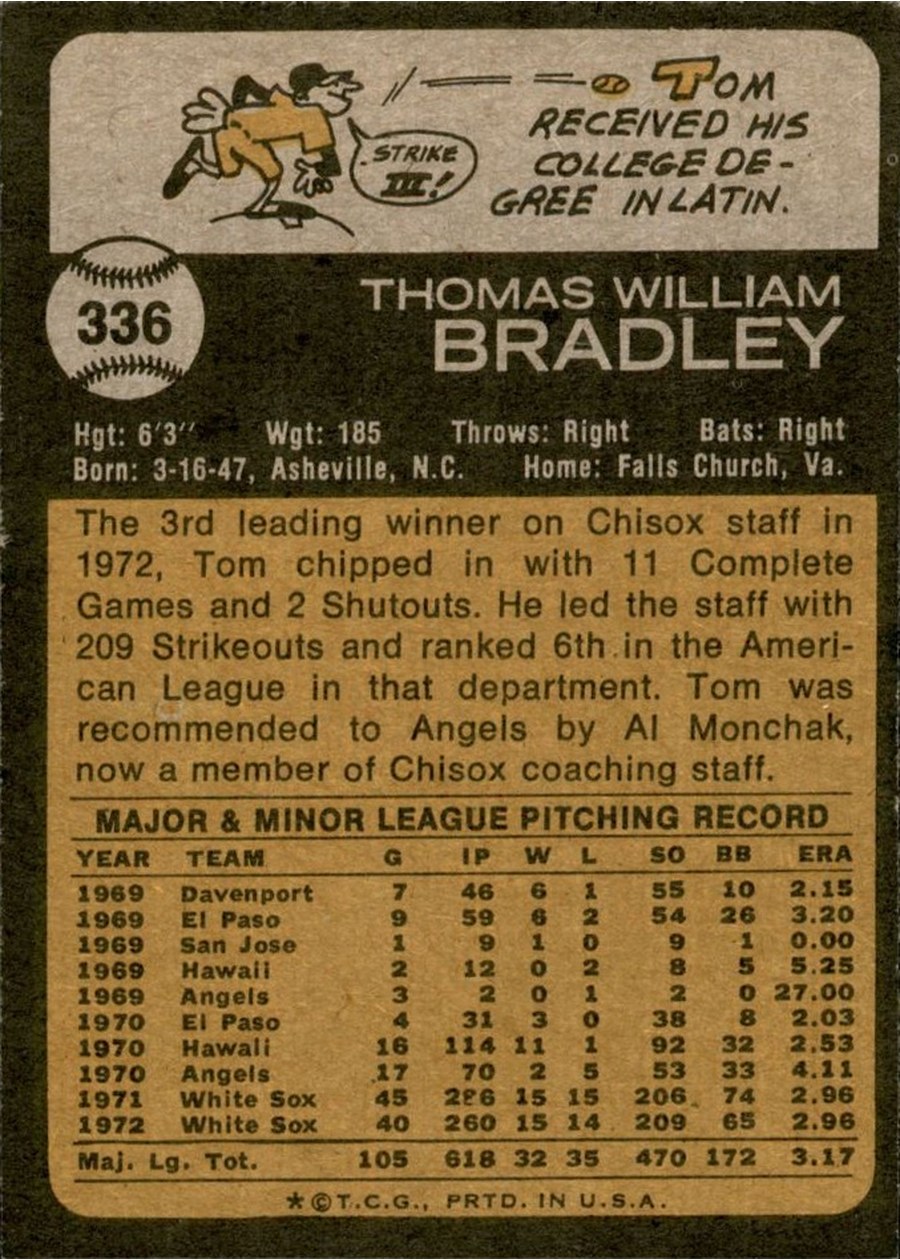 1973 Topps #336 Tom Bradley card back
