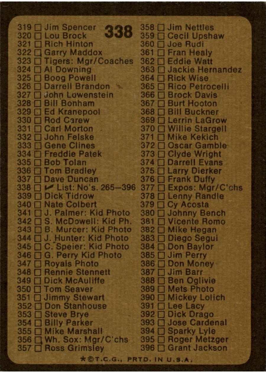 1973 Topps #338 Checklist: 265-396 card back
