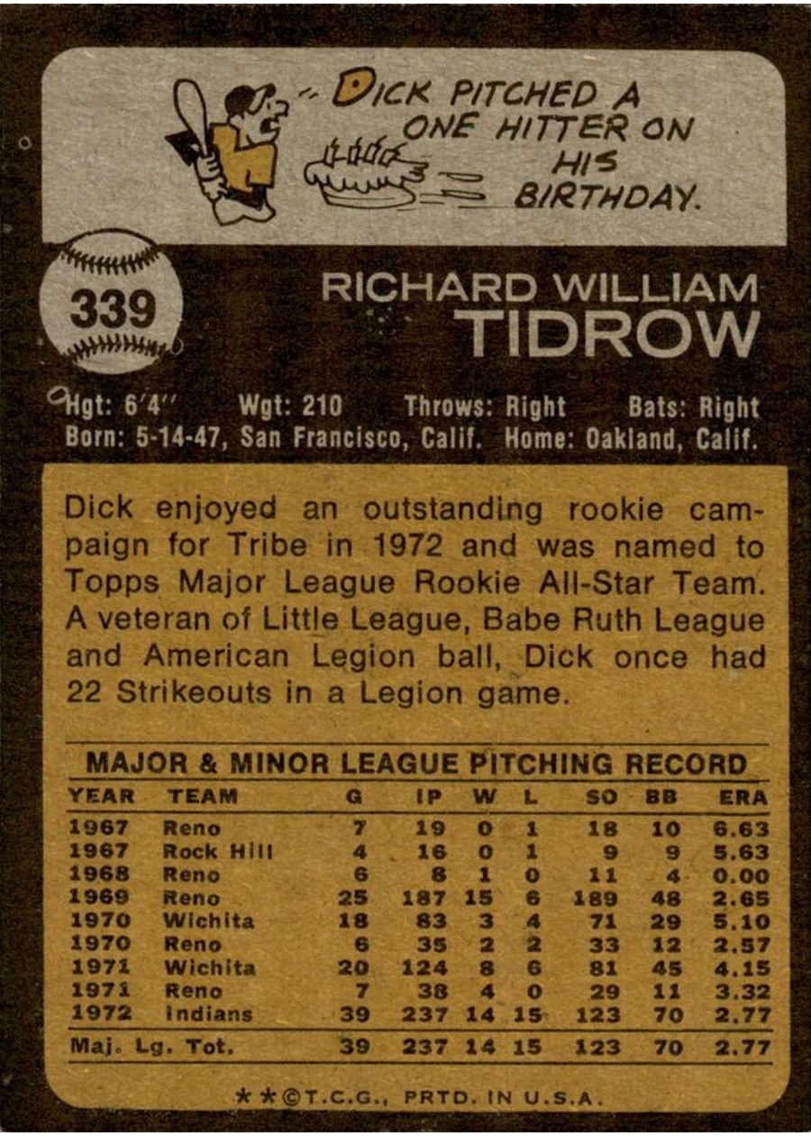 1973 Topps #339 Dick Tidrow card back