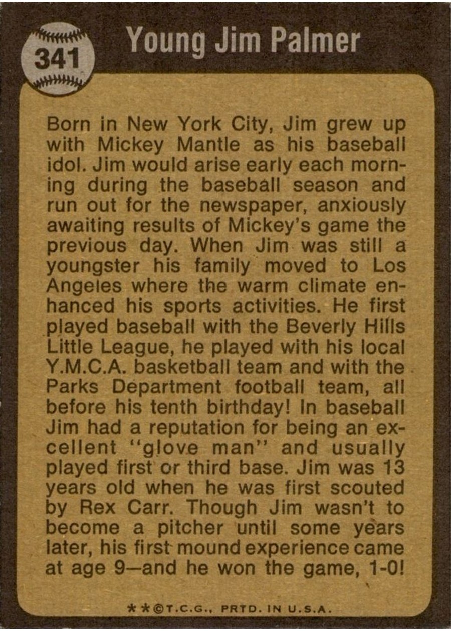 1973 Topps #341 Jim Palmer card back