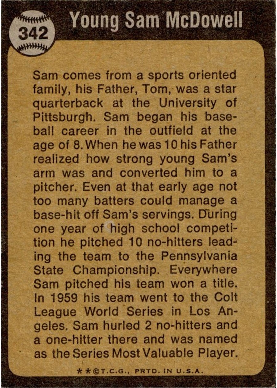 1973 Topps #342 Sam McDowell card back