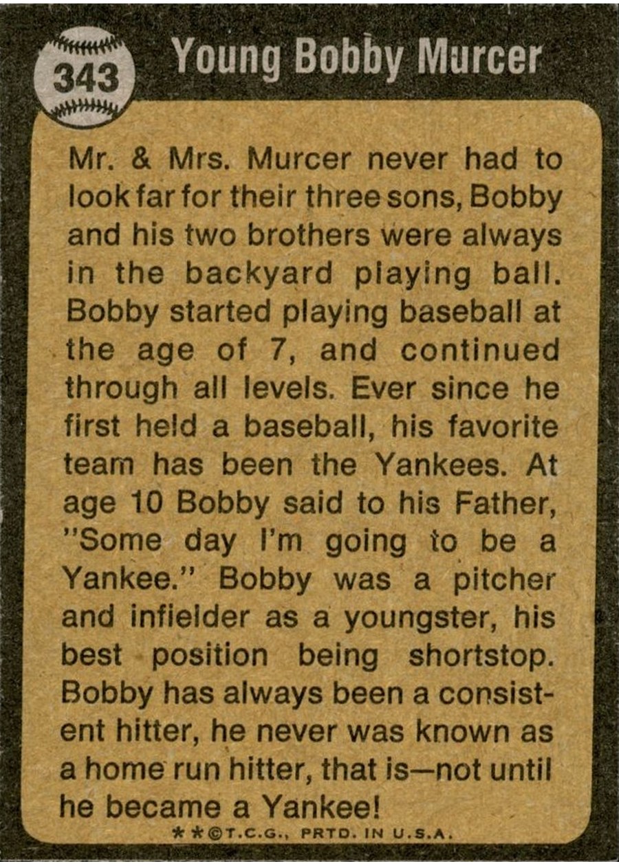 1973 Topps #343 Bobby Murcer card back