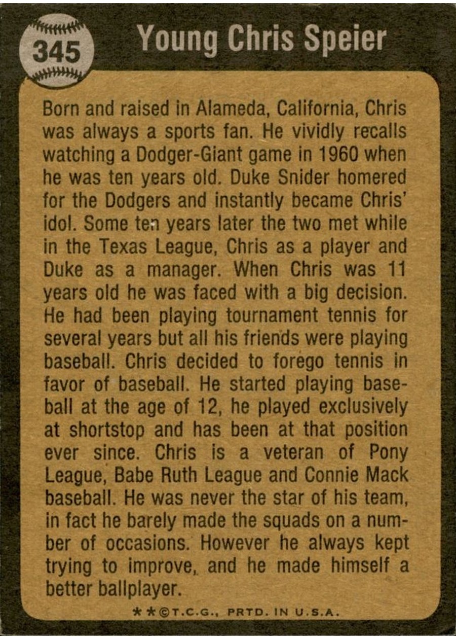 1973 Topps #345 Chris Speier card back