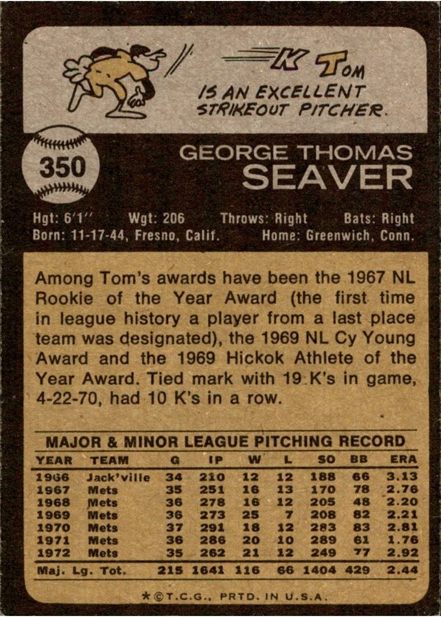 1973 Topps #350 Tom Seaver card back
