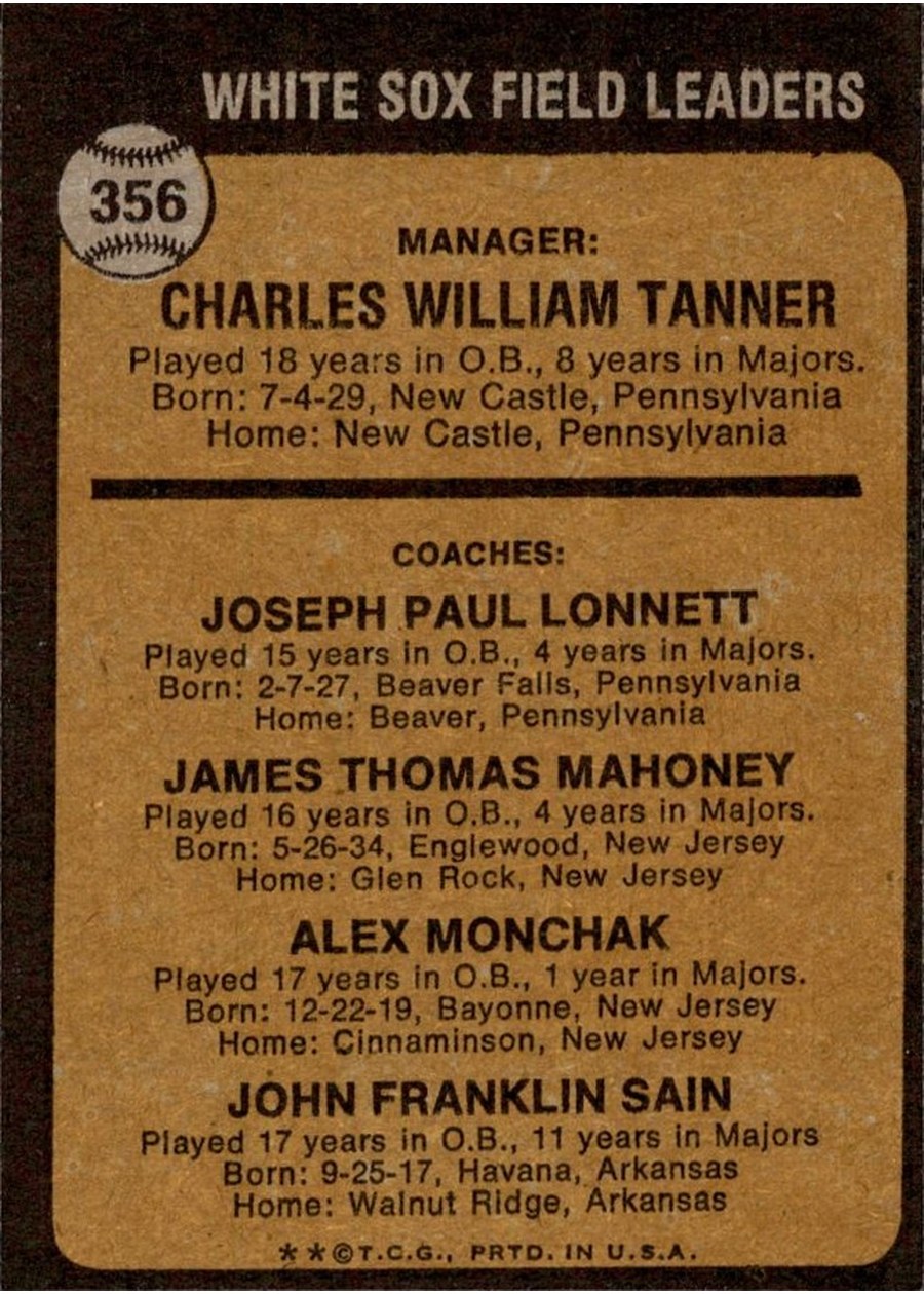 1973 Topps #356 White Sox Field Leaders card back