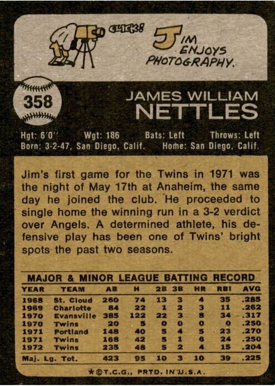 1973 Topps #358 Jim Nettles card back