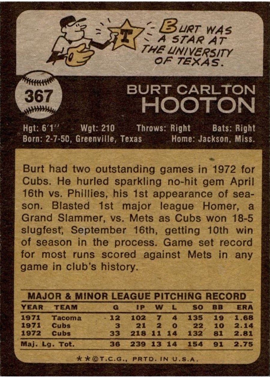 1973 Topps #367 Burt Hooton card back