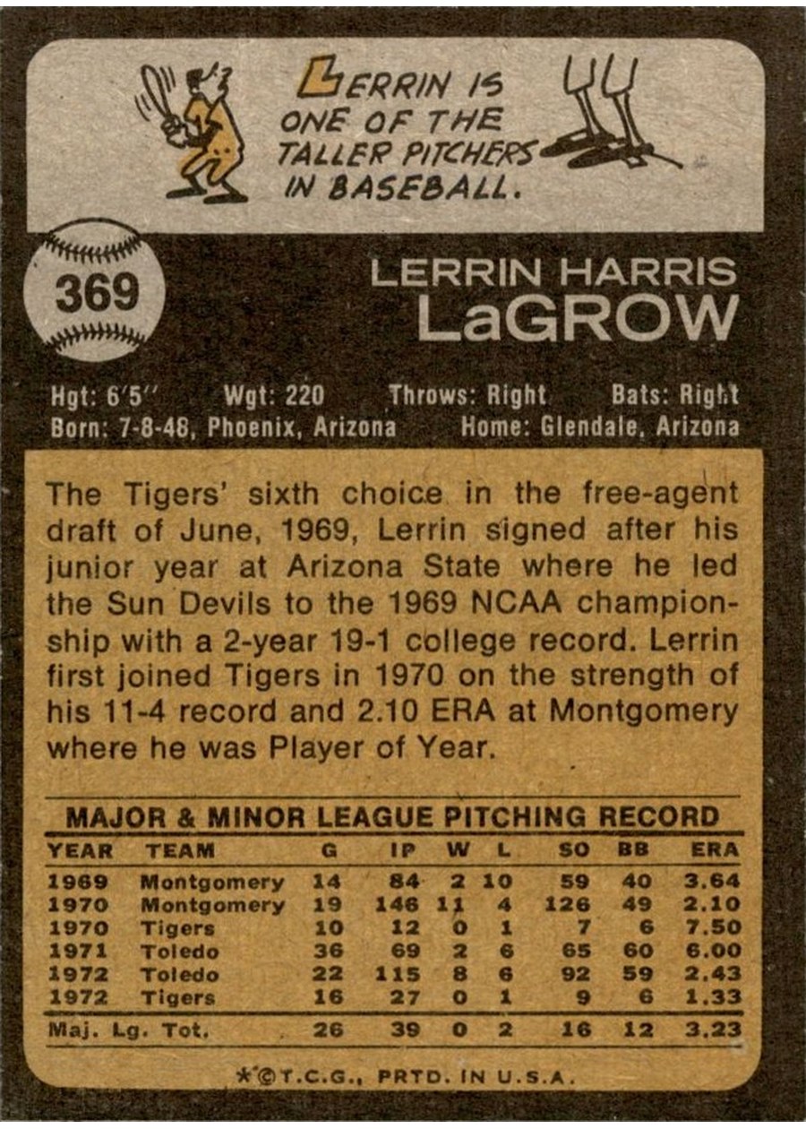 1973 Topps #369 Lerrin LaGrow card back