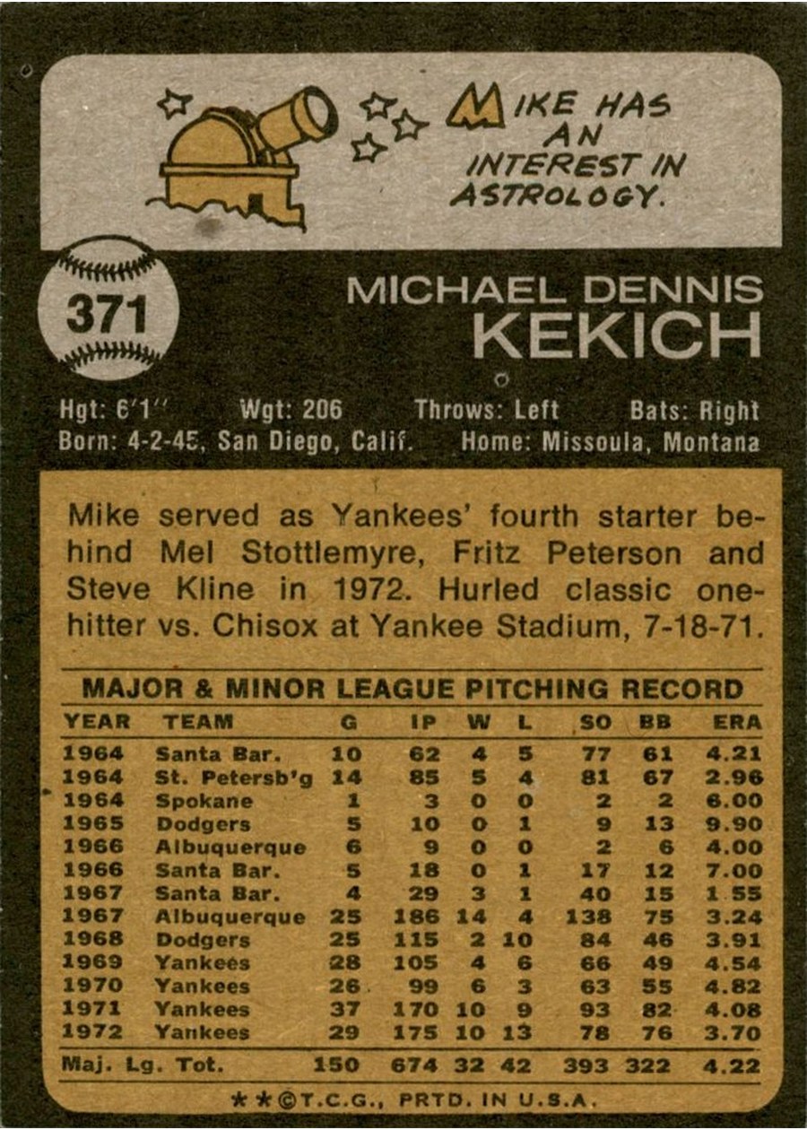 1973 Topps #371 Mike Kekich card back
