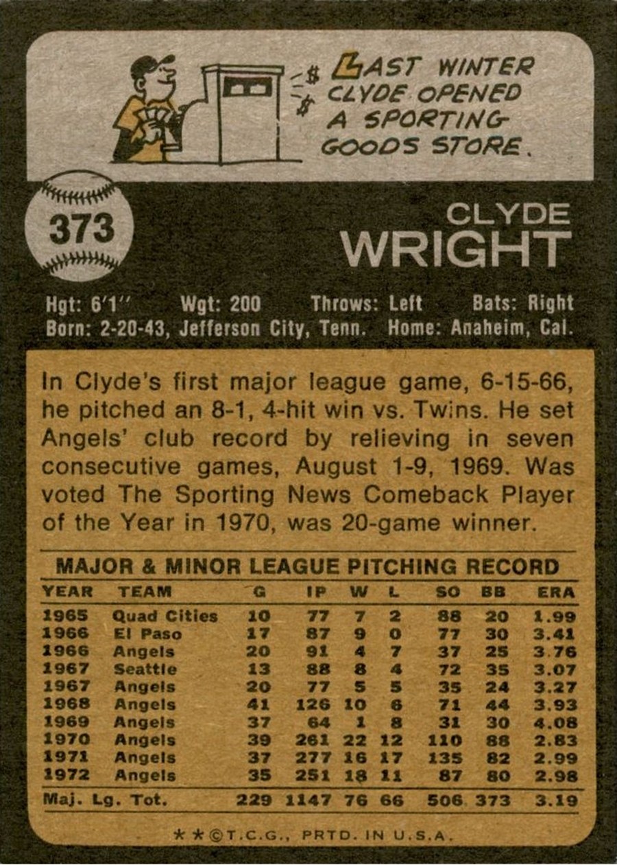 1973 Topps #373 Clyde Wright card back