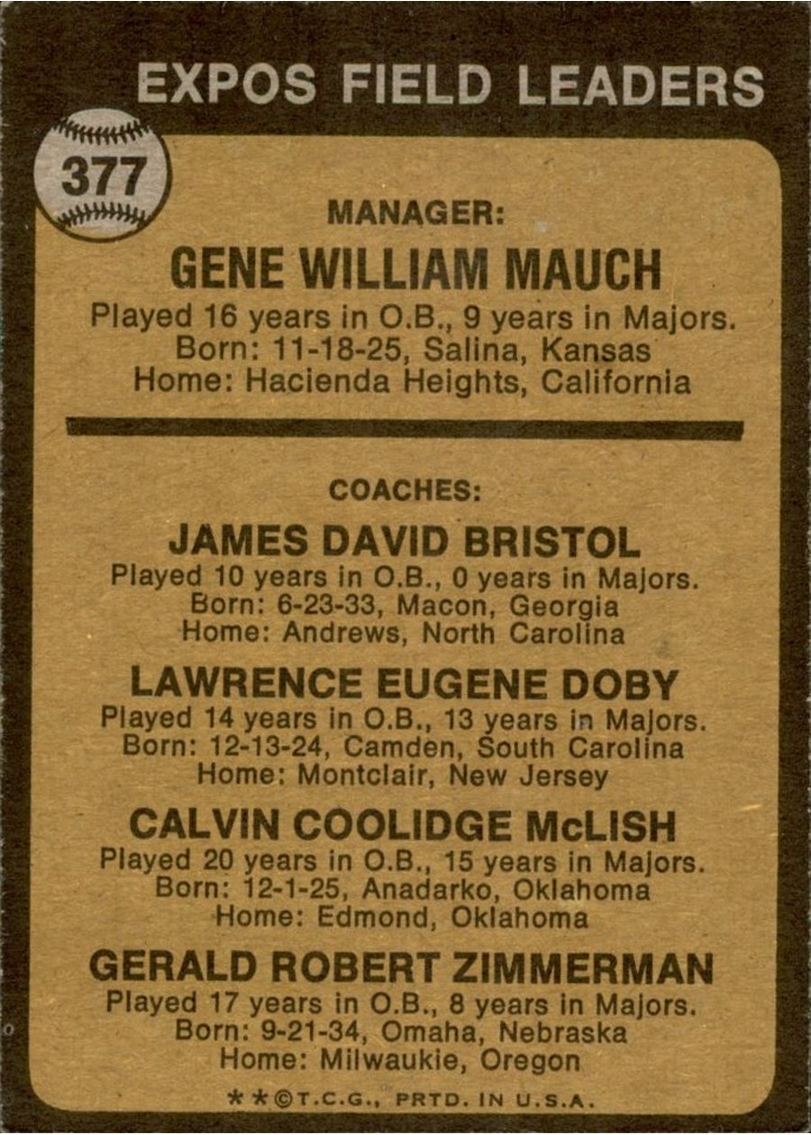 1973 Topps #377 Expos Field Leaders card back