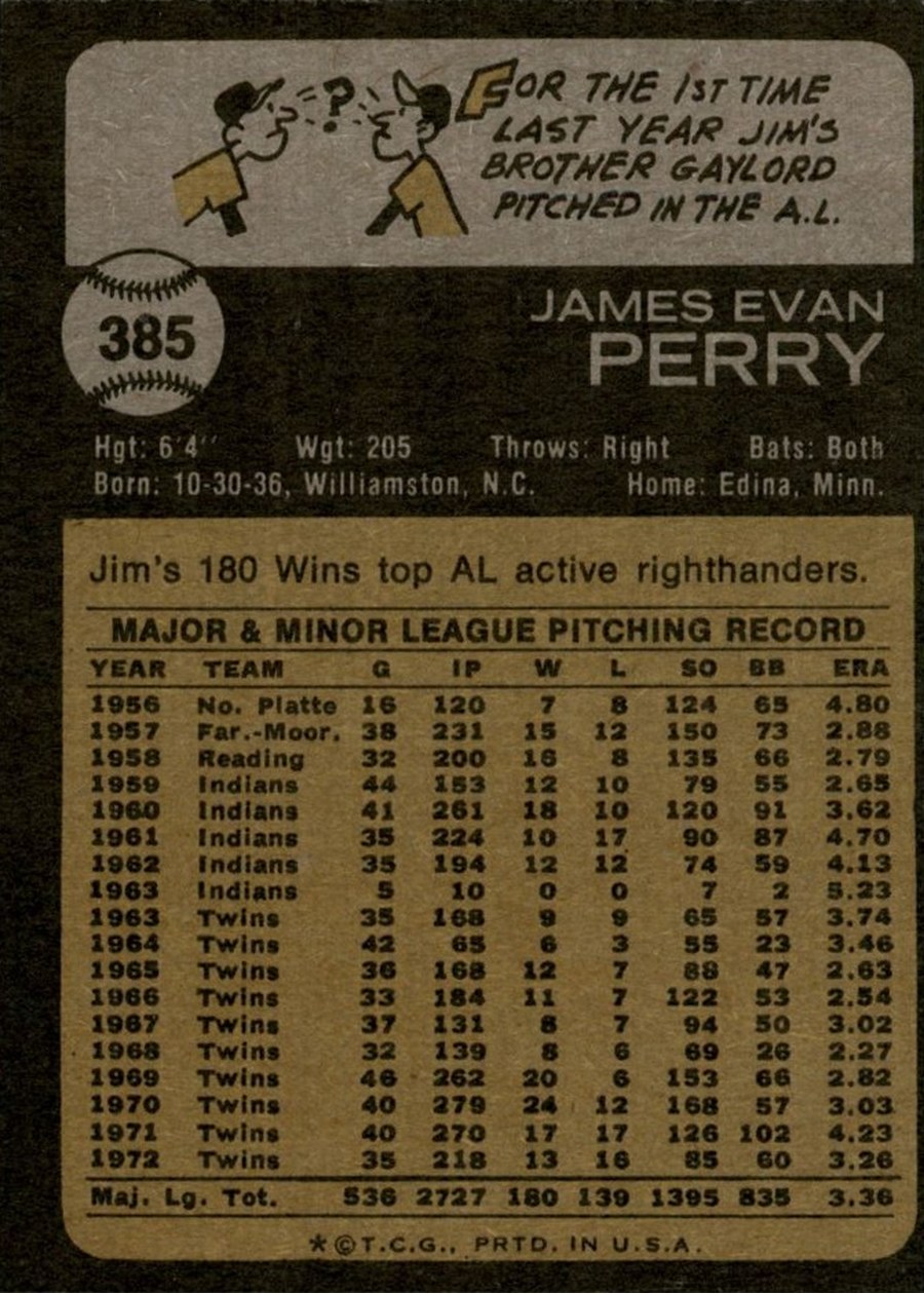 1973 Topps #385 Jim Perry card back