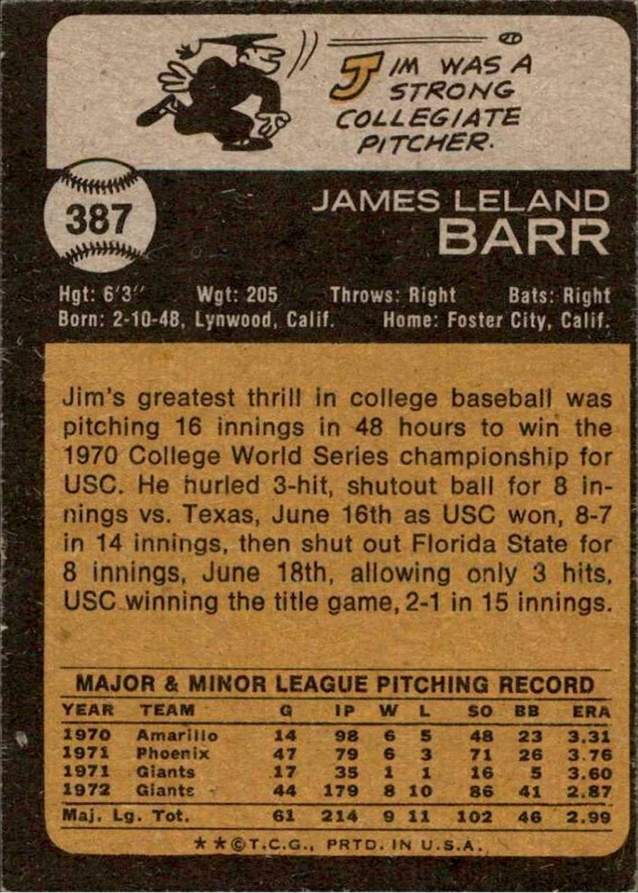1973 Topps #387 Jim Barr card back
