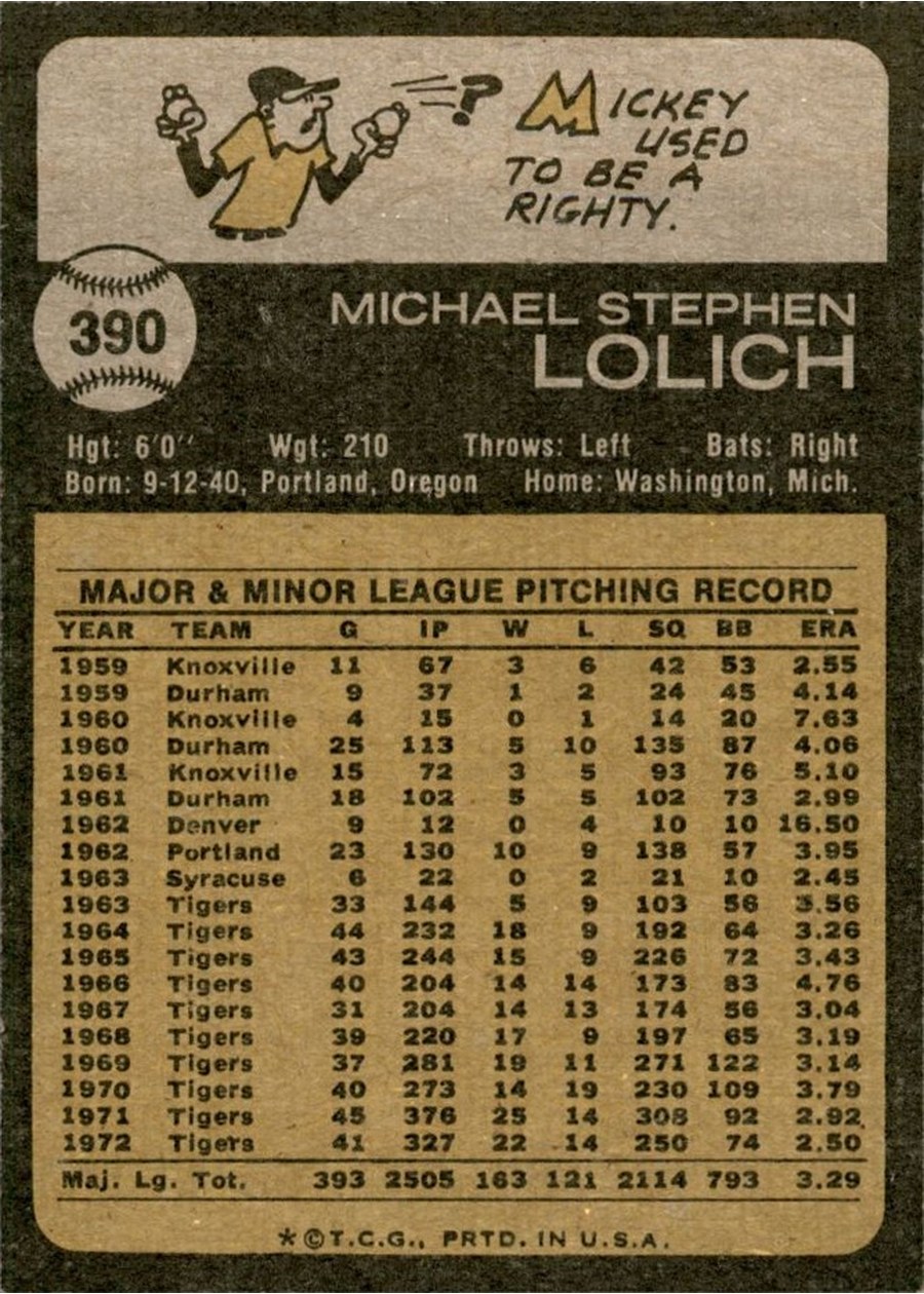 1973 Topps #390 Mickey Lolich card back
