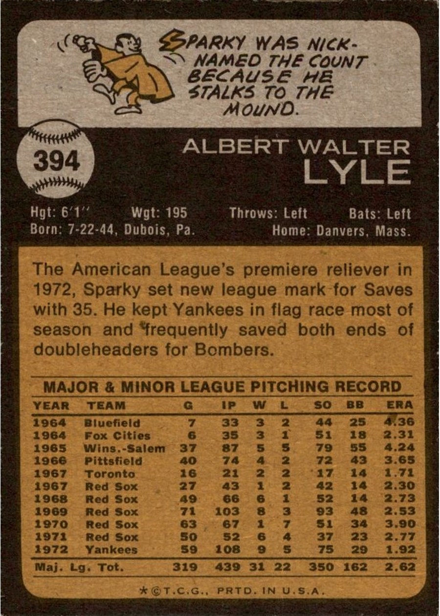 1973 Topps #394 Sparky Lyle card back