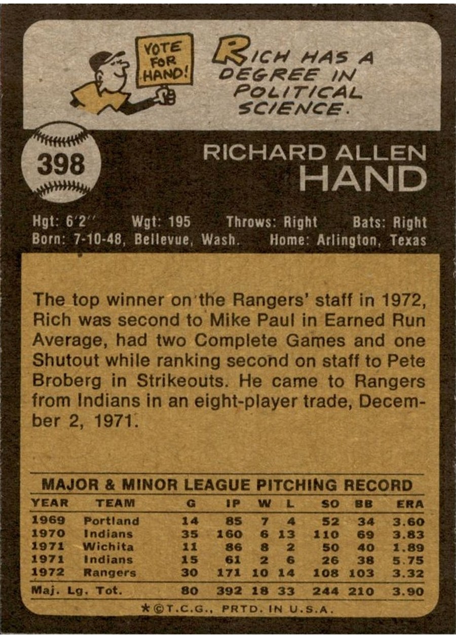 1973 Topps #398 Rich Hand card back