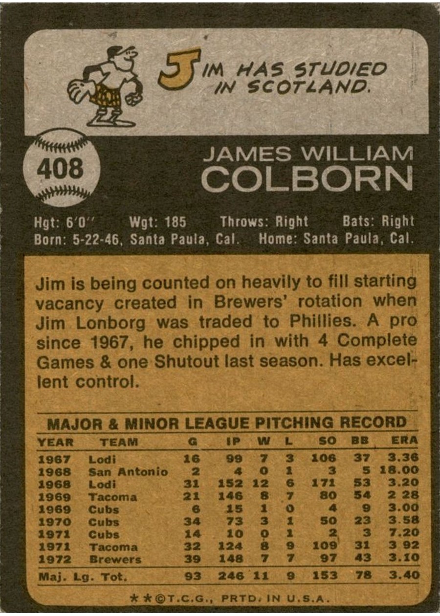 1973 Topps #408 Jim Colborn card back