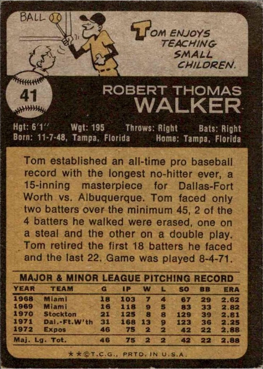 1973 Topps #41 Tom Walker card back