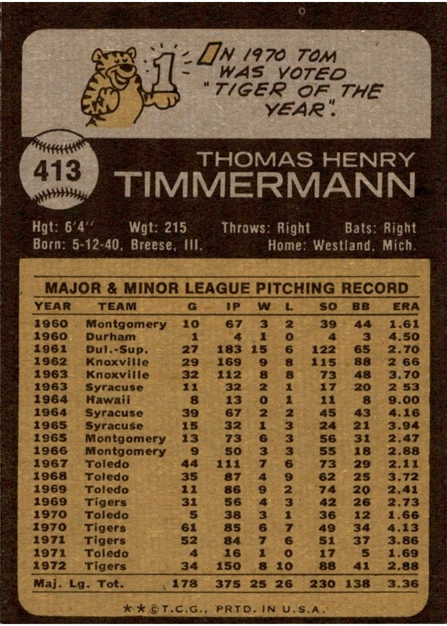 1973 Topps #413 Tom Timmermann card back