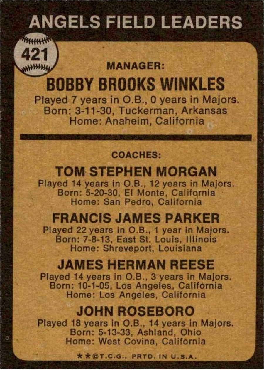 1973 Topps #421 Angels Field Leaders card back