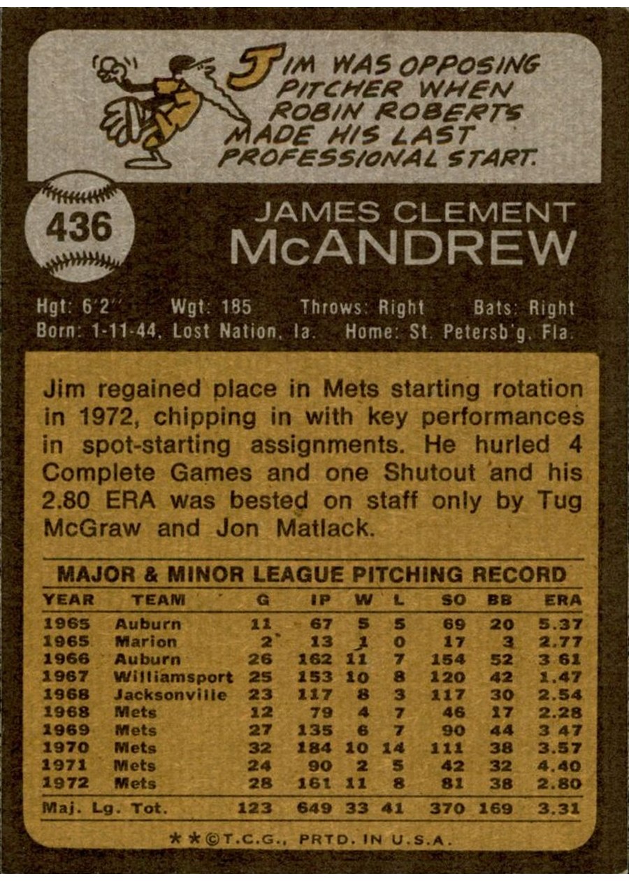 1973 Topps #436 Jim McAndrew card back