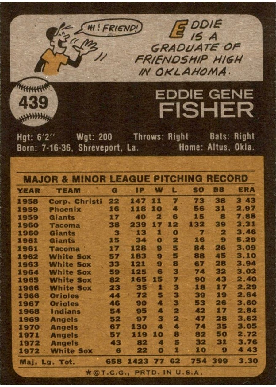 1973 Topps #439 Eddie Fisher card back