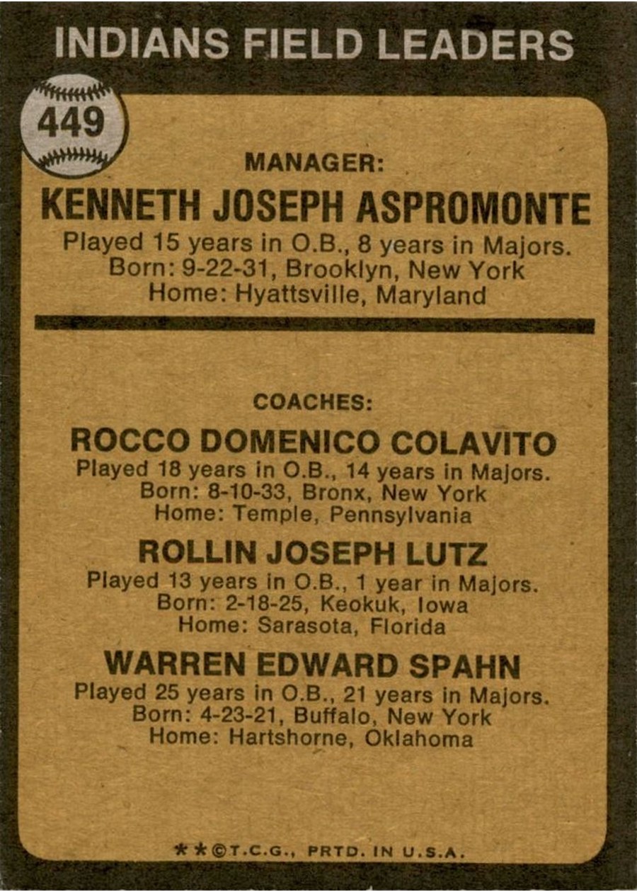 1973 Topps #449 Indians Field Leaders card back